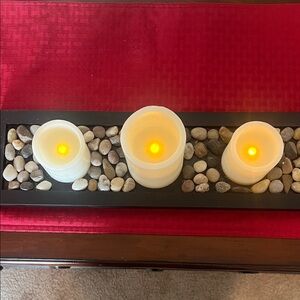 Elegant Cream LED Candle Set with Pebble Tray